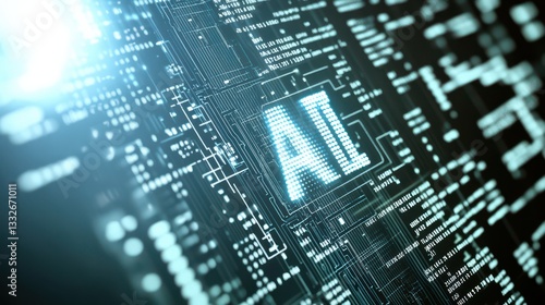 An eye-catching depiction of the word 'AI' illuminated against a backdrop of a circuit board, representing the rise of artificial intelligence in modern technology and society.