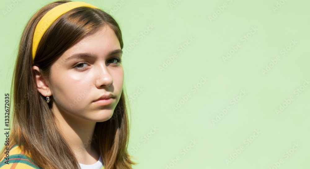 Fototapeta premium Young caucasian female teen with brown hair and yellow headband against green background