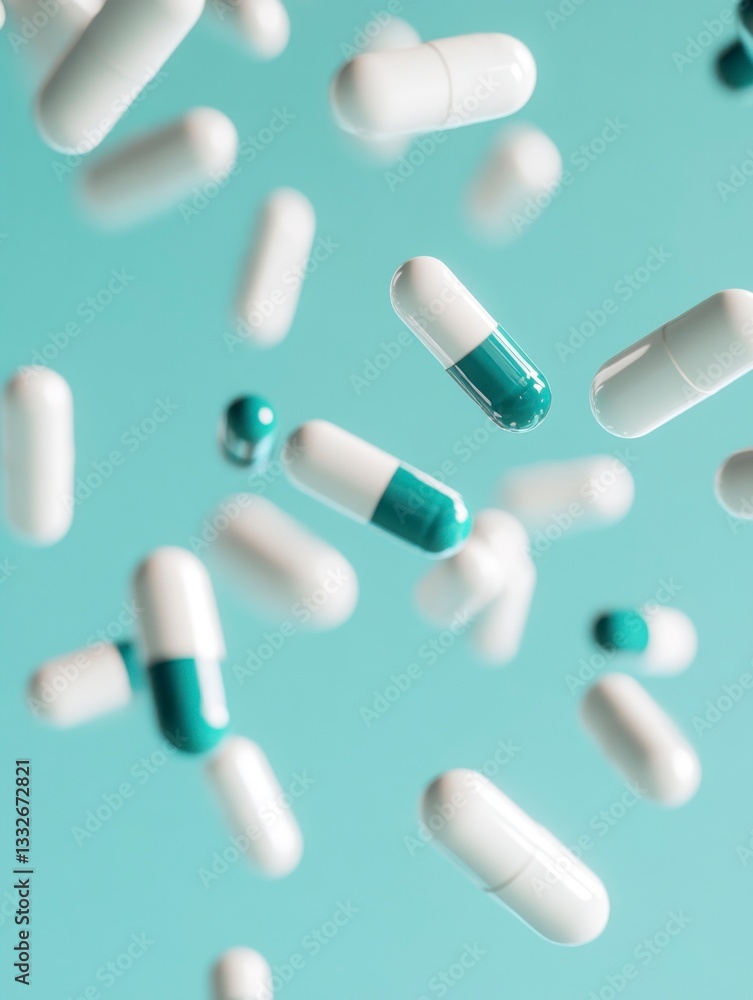 Scattered Medicine Capsules Falling on Soft Blue Background Perfect for Medical Concepts Scattered Medicine Capsules Falling on Soft Blue Background Perfect for Medical Concepts