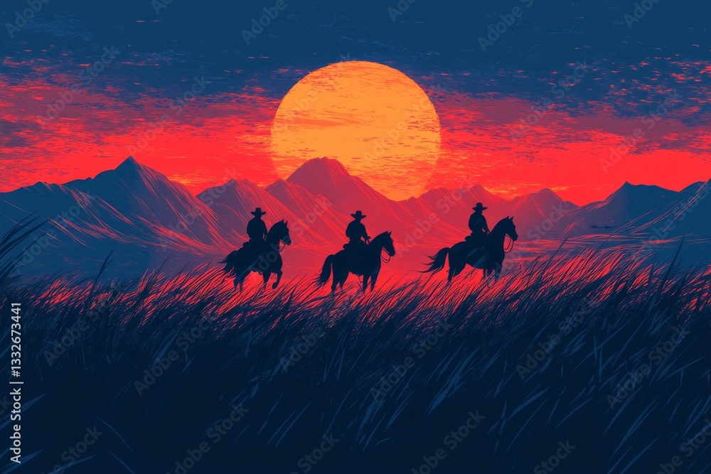 Naklejka premium Sunset landscape scene with cowboy and horse silhouettes, rendered in a modern illustration with a raw style and a 3:2 aspect ratio. Job ID: d7223ee3-19ad-4a84-aa09-ba0b2c1f0a24
