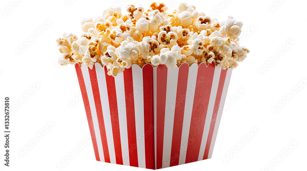 Delicious popcorn in a huge red-white striped carton box, cut out. Isolated on a transparent background. Delicious popcorn in a huge red-white striped carton box, cut out. Isolated on a transparent background.