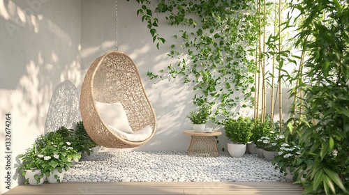 A cozy outdoor patio space with plants and hanging chair