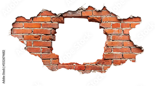 Fototapeta Naklejka Na Ścianę i Meble -  Hole breaking through a red brick wall, cut out. Isolated on a transparent background.