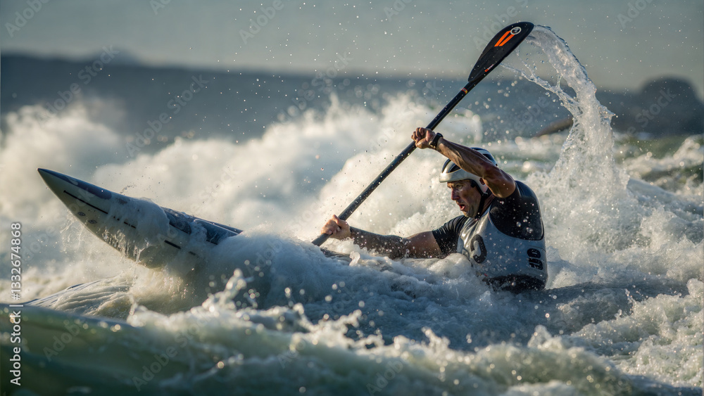 Naklejka premium Kayaker Navigating Whitewater Rapids in Action-Packed Adventure, Representing Strength, Energy, and Outdoor Thrill