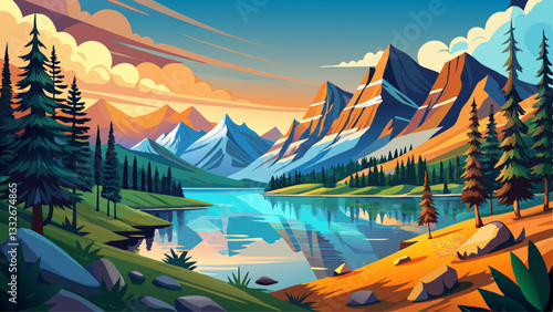 Nature landscape with mountain lake at dawn in Alberta, Canada