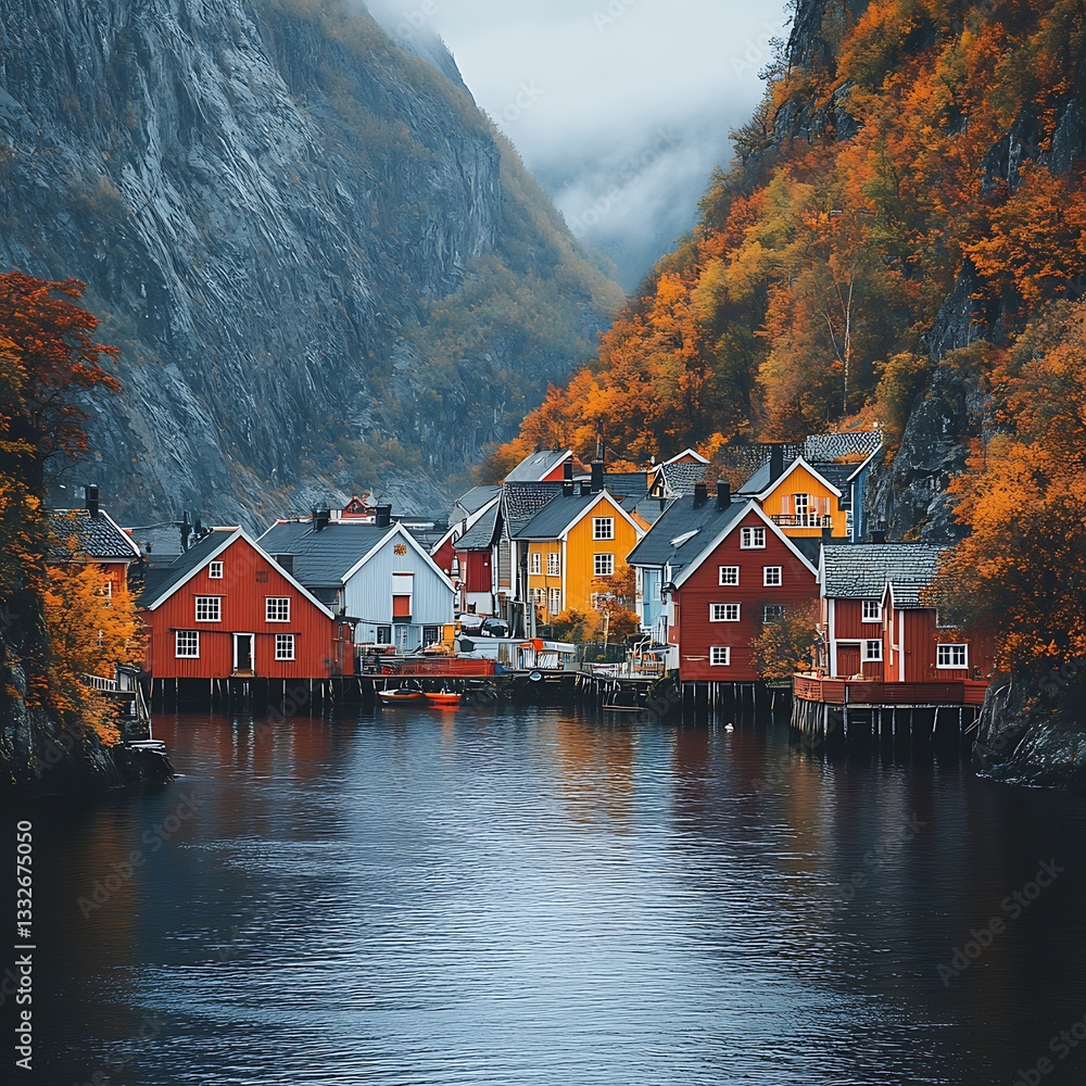 Fototapeta premium Norwegian fjord town with colorful buildings image