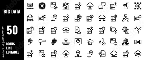 50 Big Data Icons Set Pack Line Editable Vector Illustration