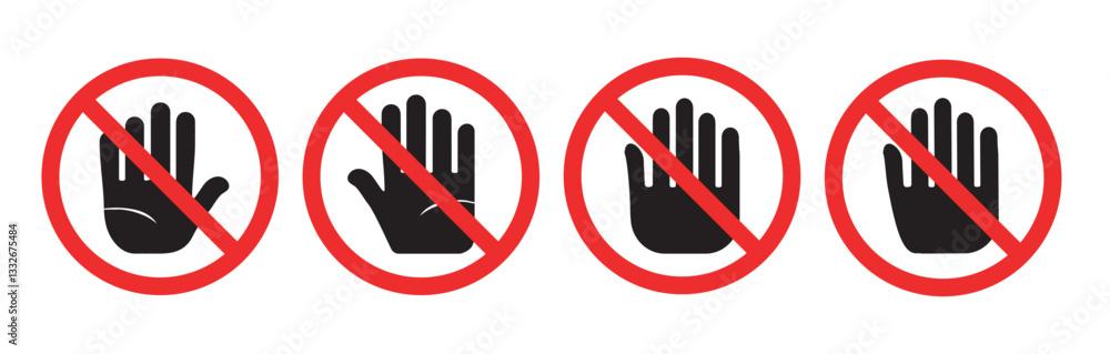 Set of red STOP signs. warning stop icons. Human palm, roadside, do not enter, prohibition sign, stop symbol, hand. Vector design. Set of red STOP signs. warning stop icons. Human palm, roadside, do not enter, prohibition sign, stop symbol, hand. Vector design.