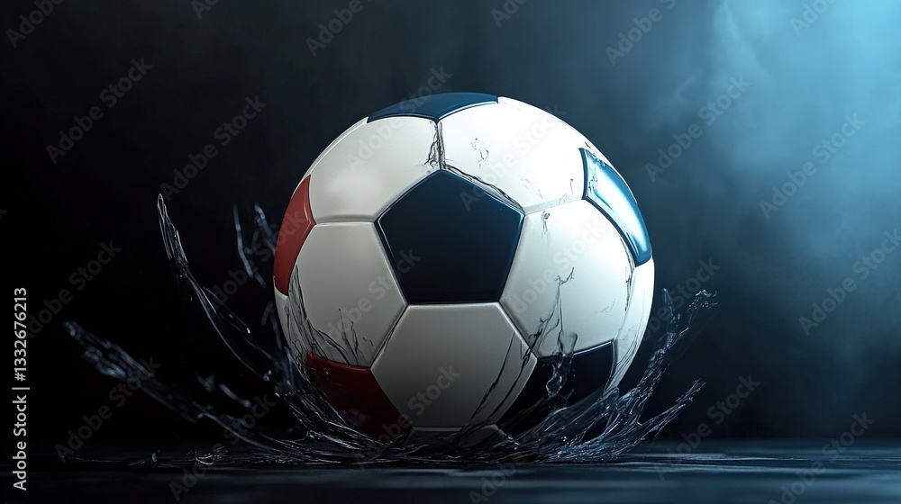 Naklejka premium A soccer ball splashes into water, creating dynamic waves around it, capturing the energy and movement of the sport, as well as the thrill it brings to players and fans alike.