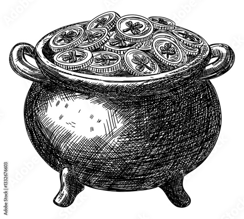 cauldron filled with coins isolated hand drawn sketch illustration symbol transparent background wealth treasure good fortune Irish culture card design