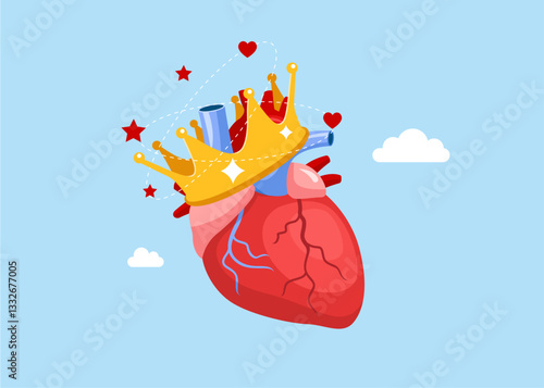 Narcissism heart admire himself and proud of his crown with love and stars around. Narcissist people, proud attitude. Flat vector illustration