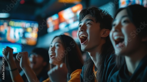 Enthusiastic young people watch sports games on television and react with cheers and excitement