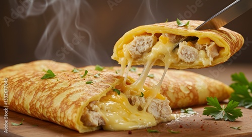 Delicious chicken and cheese crepes savory filling golden brown hot eat food meal warm pull dish