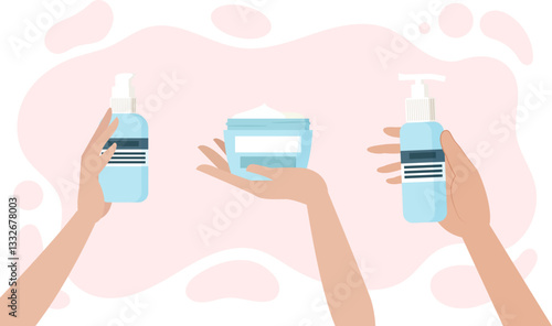Hands holding natural cosmetic products for facial care and wellness