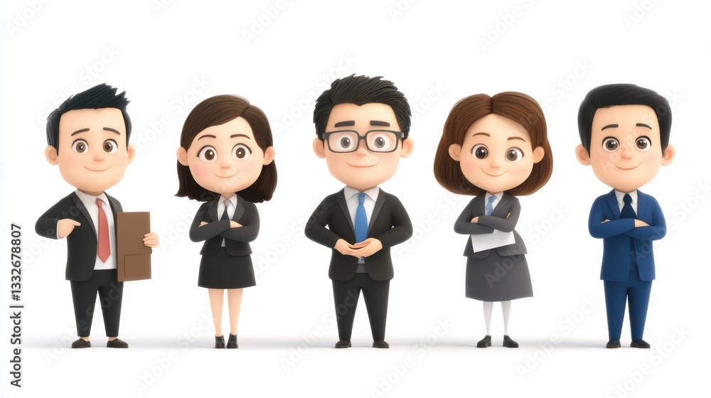 A group of five animated business professionals stands together, each showcasing different postures and expressions, This illustration is ideal for themes of teamwork, corporate culture A group of five animated business professionals stands together, each showcasing different postures and expressions, This illustration is ideal for themes of teamwork, corporate culture