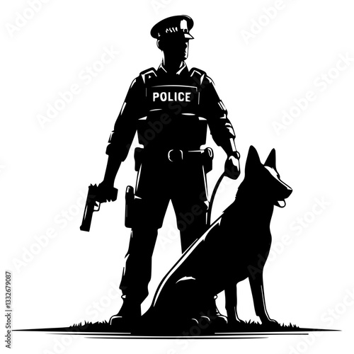 A black and white silhouette of a policeman and a dog. Vector graphics. EPS.