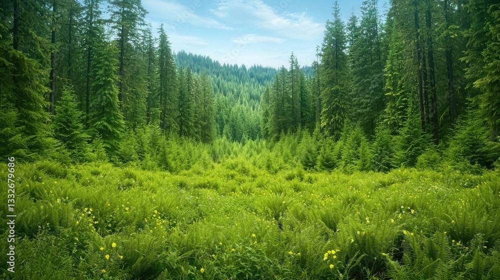 Fototapeta premium Lush Green Forest Valley Surrounded by Towering Evergreen Trees