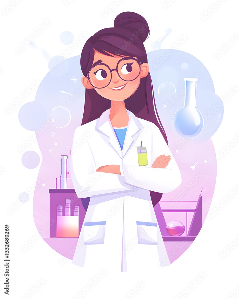 Illustration of a Female Scientist in a White Lab Coat with Laboratory Equipment Illustration of a Female Scientist in a White Lab Coat with Laboratory Equipment