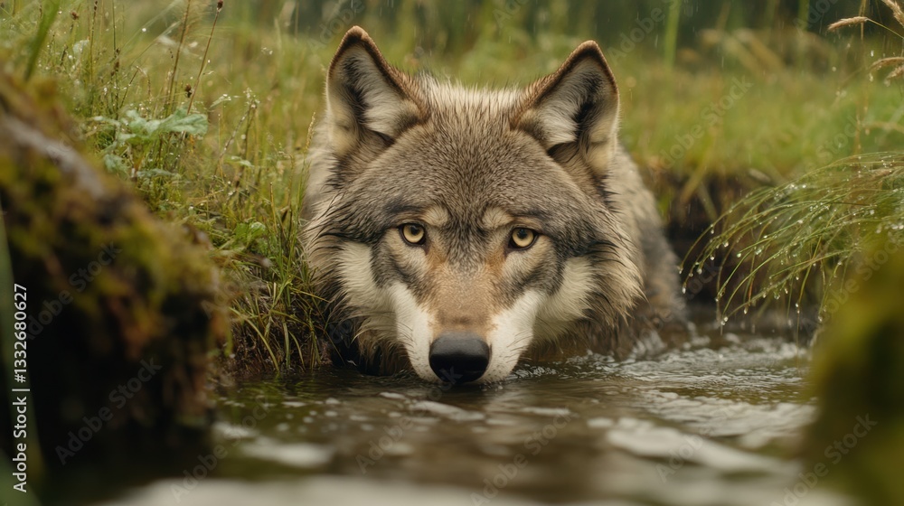 Fototapeta premium A close-up of a wolf emerging from a flowing stream, surrounded by lush greenery and droplets of water, conveys a sense of wild beauty, Ideal for wildlife photography, nature conservation themes