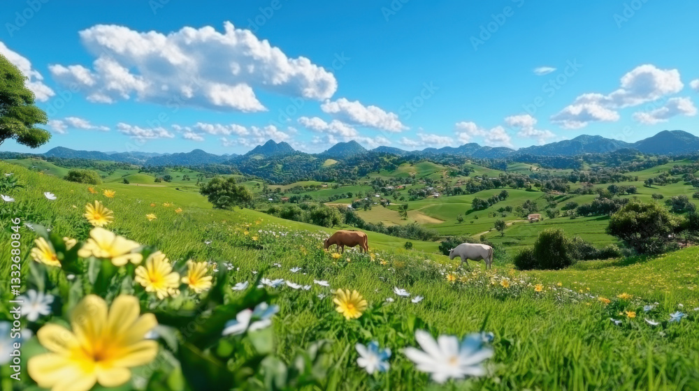 Fototapeta premium Grazing cows alongside diverse crops in a vibrant landscape with rolling hills and blue skies