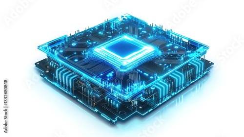 Futuristic Quantum Computer Chip with Glowing Blue Circuits, Intricate Microprocessor Details, and Advanced Cooling System Emitting a Soft Neon Glow, Isolated on White Background