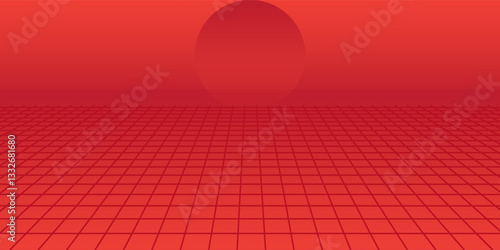 Retro Futuristic Red Grid Landscape with Sunset. Vector illustration
