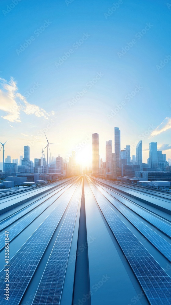 Fototapeta premium Urban skyline at sunrise with solar panels and wind turbines