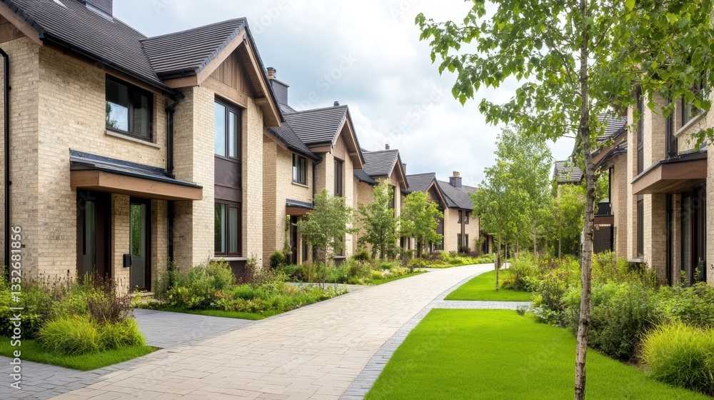 A serene residential scene featuring modern houses aligned on a well-maintained street, surrounded by lush greenery, Ideal for real estate advertisements, urban development showcases A serene residential scene featuring modern houses aligned on a well-maintained street, surrounded by lush greenery, Ideal for real estate advertisements, urban development showcases