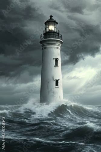 Stormy Waves Crash Around a Lighthouse Standing Resolutely Against a Dark, Turbulent Sky During a Fierce Ocean Tempest at Dusk