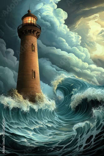 Lighthouse Stands Strong Against Turbulent Waves Under a Dramatic Sky at Sunset
