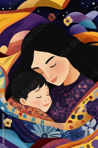Mother and Child Share a Tender Moment Under a Starry Night Blanket in a Vibrant and Colorful Artistic Representation