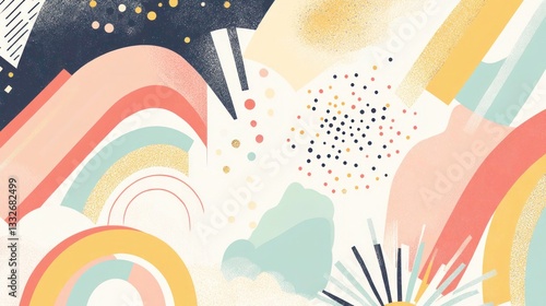 Playful Abstract Geometric Illustration with Rainbows and Polka Dots