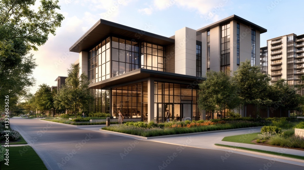 Obraz premium Modern architecture showcases an inviting building with extensive glass, surrounded by landscaped greenery and a serene pathway, ideal for real estate, urban design, and lifestyle projects,