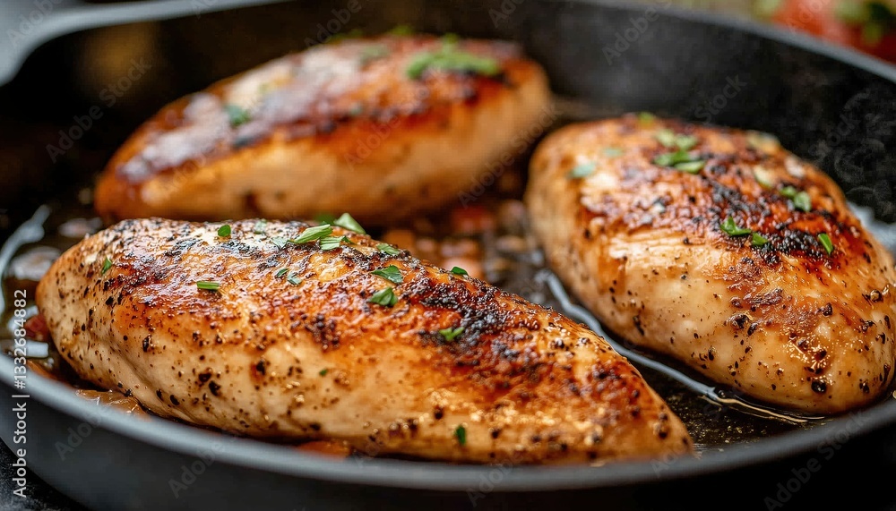 Savory Cooked Chicken Breast Seared In A Cast Iron Skillet And Topped With A Creamy Pan Sauce For A Delicious Meal. Savory Cooked Chicken Breast Seared In A Cast Iron Skillet And Topped With A Creamy Pan Sauce For A Delicious Meal.