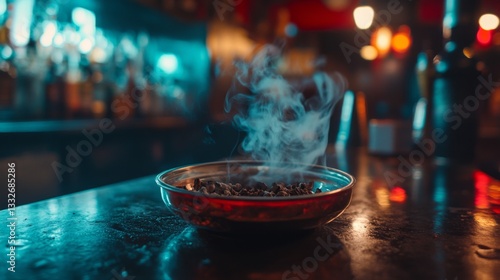 A beautifully captured scene featuring a smoky dish on a bar top. The glow of the lights creates a vibrant atmosphere. Perfect for creating ambiance in visual content. Generative AI