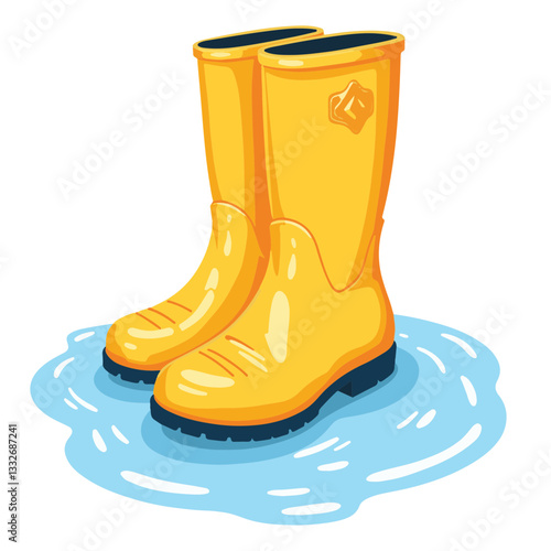 Vibrant yellow rain boots in puddle, playful outdoor adventure