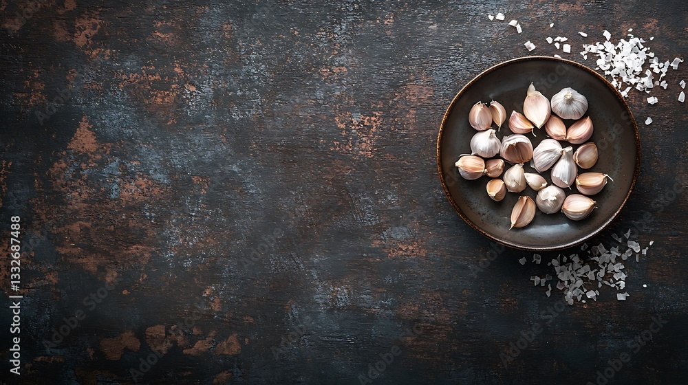 Garlic cloves arranged on plate with salt backdrop Garlic cloves arranged on plate with salt backdrop