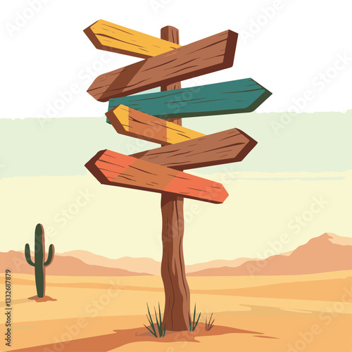 Colorful wooden signpost in desert landscape, navigating possibilities