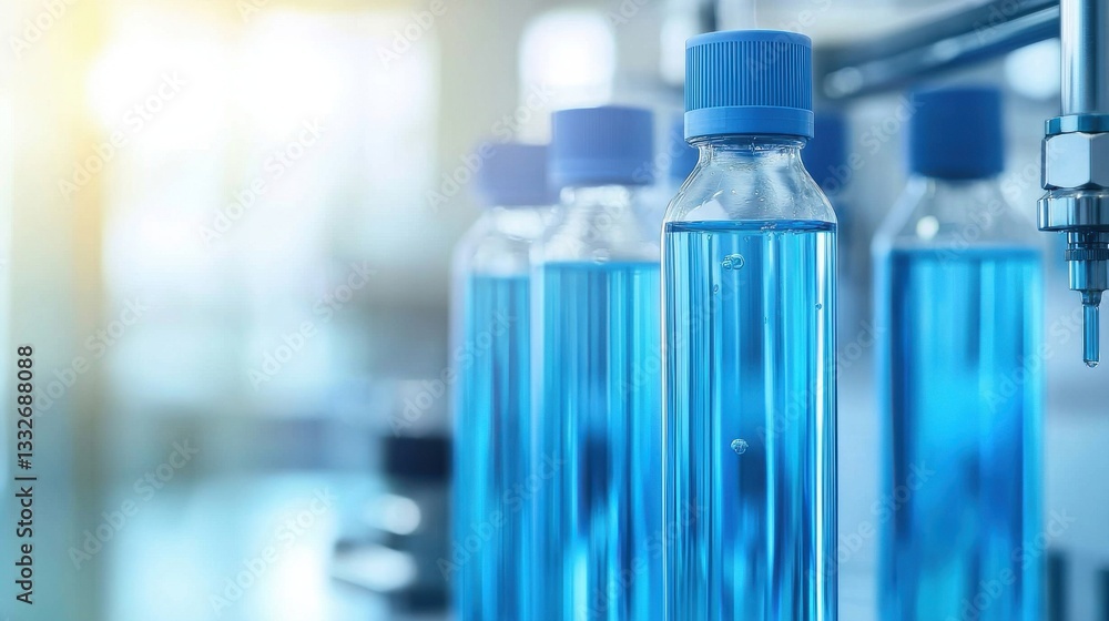 Clear Blue Bottles with Liquid in Laboratory Setting Clear Blue Bottles with Liquid in Laboratory Setting