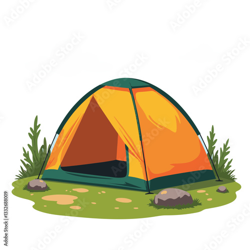 Bright orange camping tent in outdoor adventure setting, nature exploration