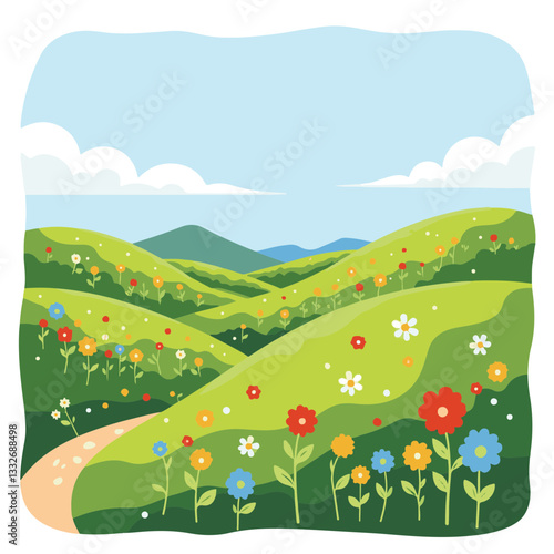 Colorful flowers blooming on rolling hills under blue sky, nature's beauty