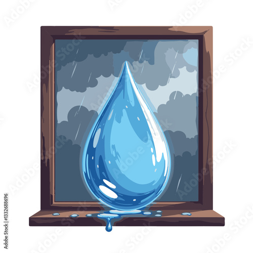 Large raindrop resting on windowpane during stormy weather, tranquility