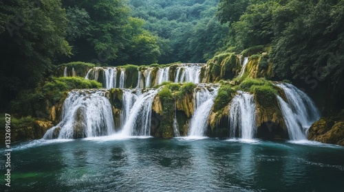 Captivating waterfall cascades lush forest nature photography serene environment wide-angle view tranquil beauty