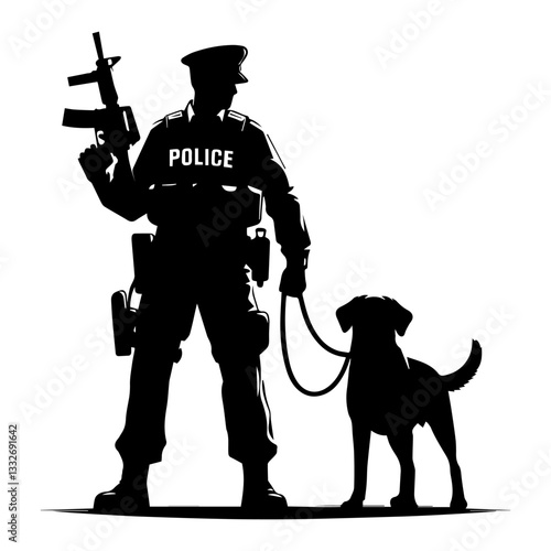 A black and white silhouette of a policeman and a dog. Vector graphics. EPS.