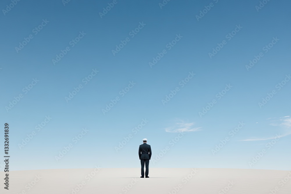 lone soldier stands at attention in crisp uniform framed by vast open sky with ample copy space above their silhouette lone soldier stands at attention in crisp uniform framed by vast open sky with ample copy space above their silhouette