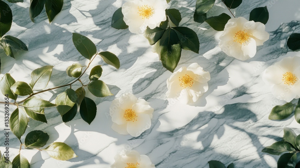 Obraz premium White flowers, leaves on marble, sunlight shadows