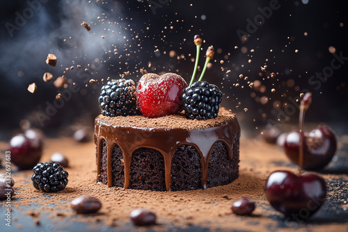 Small chocolate lava cake with cherries, blackberries, and cocoa beans.