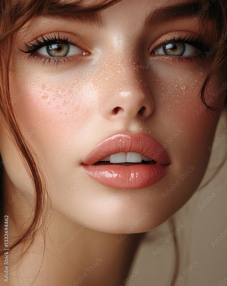 Beautiful woman with freckles showing her perfect skin and glossy lips Beautiful woman with freckles showing her perfect skin and glossy lips