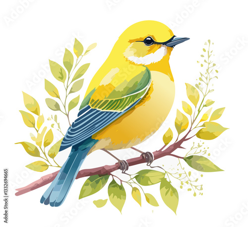 Spring yellow bird, watercolor bird great tit sitting on white background, wildlife illustration.