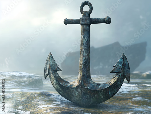 Weathered Anchor on Rocky Shore, Rusted Nautical Anchor in Mist